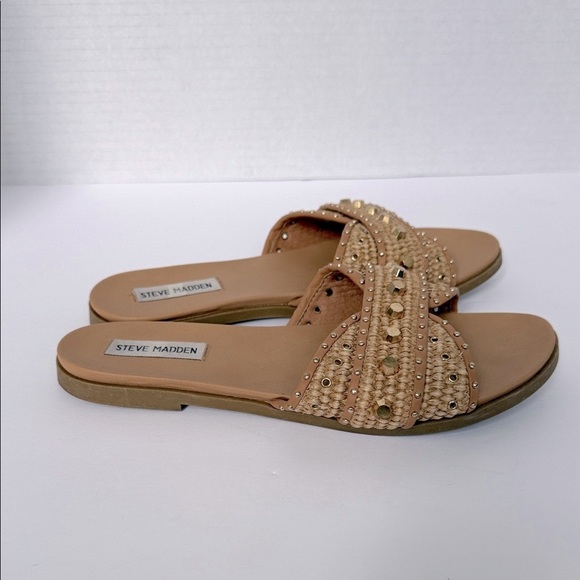 Steve Madden Tan Gold Slide Embellished Sandals Size 9 - Picture 3 of 10